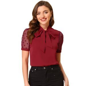 Bow Tie V Neck Stand Collar Short Mesh Sleeve Blouse Burgundy
